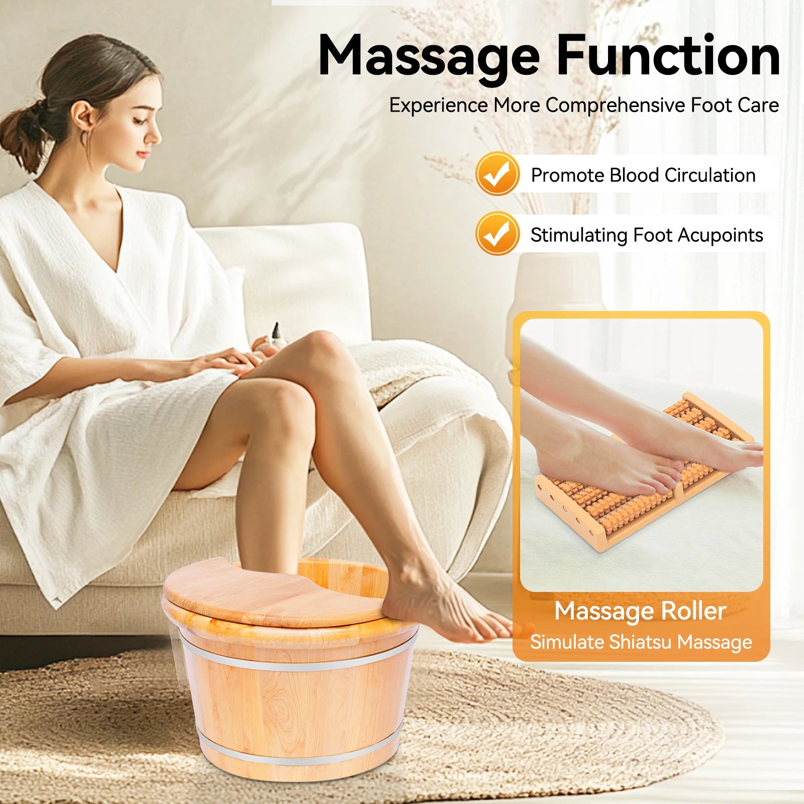 Cedar Wood Foot Bath Bucket with Lid & Massage Roller